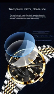 Macro detail of men watch with synthetic sapphire glass and luminous roman numerals dial
