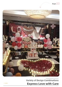 Romantic proposal decor set with red petals, LED candles and Marry Me letter balloons