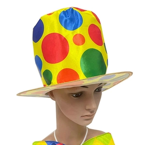 Vibrant yellow clown top hat with colorful polka dots for Halloween parties and cosplay