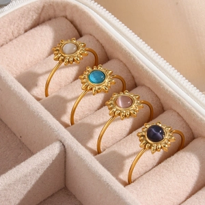 Vintage Sun Flower Adjustable Rings Stainless Steel Inlaid Cat Eye Stone Black Agate Bohemian Jewelry For Women