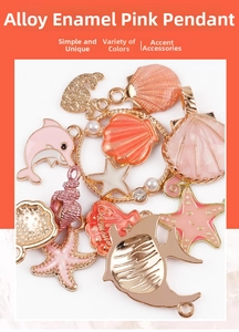 Macro shot of pink enamel marine animal alloy charms including dolphins and starfish