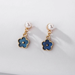 Vintage Klein Blue Flower Drop Earrings With Faux Artificial Pearl And 925 Sterling Silver Earring Post Elegant Minimalist Jewelry