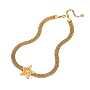 French style gold mesh chain necklace with a large star pendant in polished stainless steel