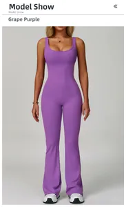 Detail showing high-waisted flared yoga jumpsuit in grape purple for fitness and running
