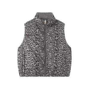 Women's leopard print reversible puffer vest with high collar and warm filling