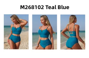Three-way view of teal high-waisted two-piece bikini set M268102 on a beach background