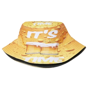 Yellow bucket hat featuring beer print and It's Time text for summer music festivals