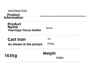 Specifications for cast iron flamingo paper towel holder weighing 1635g for home decor