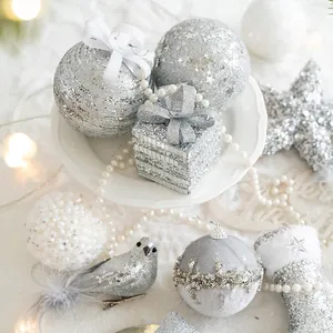 Silver Christmas foam ball set with sequins, stars and stockings for tree decoration
