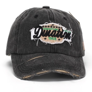 Washed charcoal grey baseball cap with Duration embroidery and distressed ripped details