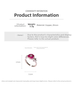 Detail view of flower ring with red pear-cut zircons weighing 3.3g in copper base