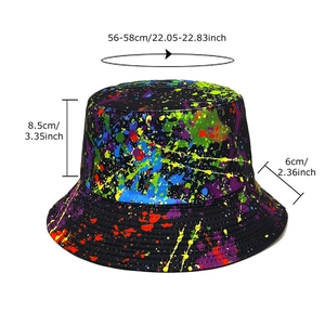 Graffiti bucket hat with paint splatter print and size guide 56-58cm for sun protection