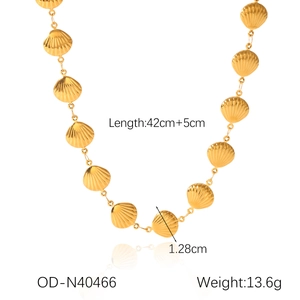 Detailed view of 18K gold plated shell necklace showing dimensions and technical specs