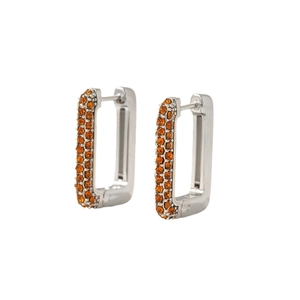 Silver stainless steel rectangular hoop earrings with double-row orange zircon pavé stones