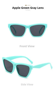 Detail view of mint green cat-eye sunglasses with dark grey lenses in front and side views