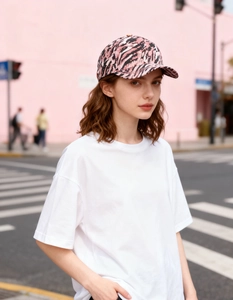 Detailed view of women's leopard print baseball cap styled with casual white t-shirt