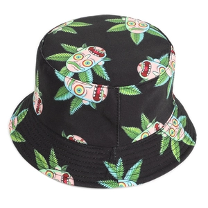 Black canvas bucket hat with cartoon character and green leaf print for outdoor sun protection