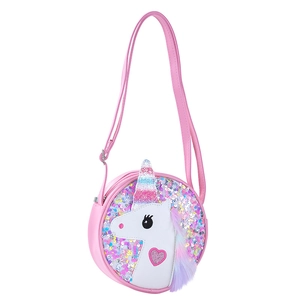 Pink sequin unicorn crossbody bag with glitter rainbow accents and plush mane for girls