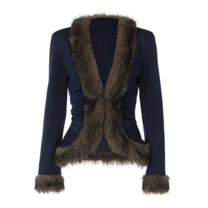 Detail of slim-fit navy jacket with plush brown faux fur collar and cuffs