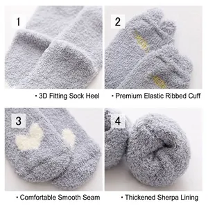 Thick coral fleece socks with meow text and white heart patterns for winter warmth