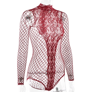 Close-up of red lace mesh bodysuit with sparkling rhinestones and high neck detail