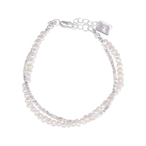 Double-layered S925 silver bracelet featuring white rice pearls and silver block beads