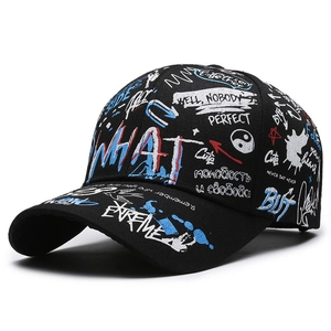 Black street style graffiti baseball cap with artistic text and street culture patterns