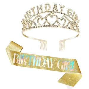 Golden Birthday Girl crown and sash set with rhinestones and glitter for party outfit