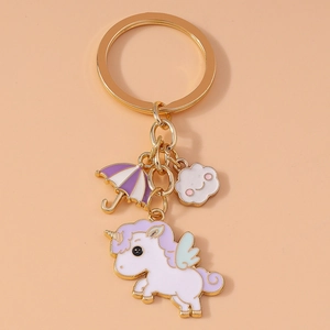 Unicorn Keychain Enamel Alloy Gold Metal Charm With Purple Umbrella And Smiling Cloud For Bag Purse Backpack Cute Gift