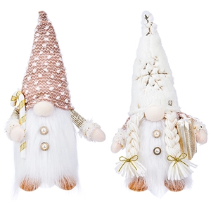 Pair of plush Christmas gnomes with LED lights, long beard, braids and festive accessories