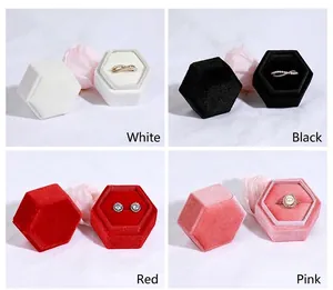 Velvet hexagonal jewelry box for rings and earrings in white black red and pink colors