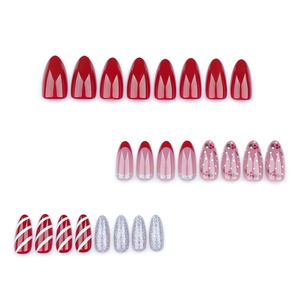 French red candy stripe Christmas press-on nails in almond shape with silver glitter