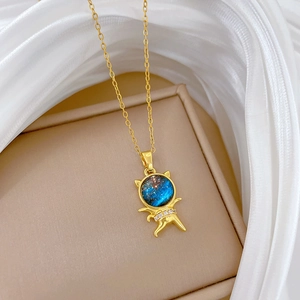 Titanium steel cat necklace with blue starry gem and crystals in a luxury gift box