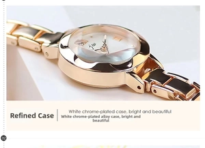 Detail of rose gold alloy watch case with textured bezel and elegant JW logo dial