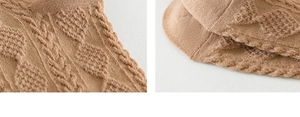 Macro view of beige knit cotton socks showing cable stitch texture and elastic cuff