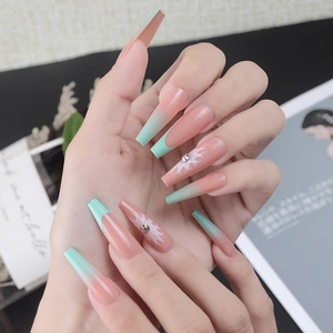 Long Coffin Press On Nails French Gradient Mint Green Pink White Flower Rhinestone Elegant DIY Manicure
