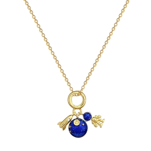 Gold space theme necklace featuring blue enamel planet, astronaut and rocket charms