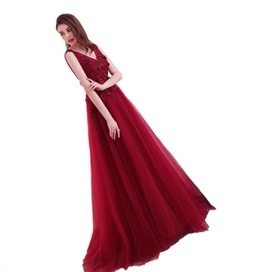 Elegant deep wine red V-neck evening gown with 3D floral lace and layered tulle skirt