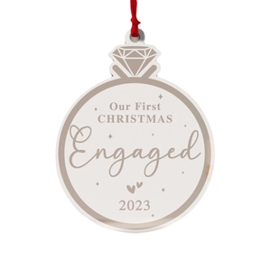 2023 Engaged Christmas ornament with diamond ring design and festive red ribbon