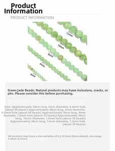 Size specifications chart for green jade beads with diameter and hole measurements
