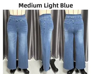 Detailansichten der hellblauen High Waist Wide Leg Jeans mit Vintage-Waschung und Cat-Washing