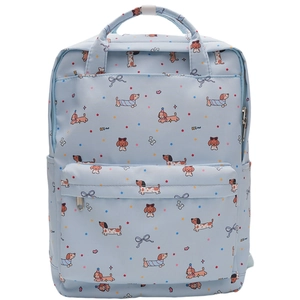 Detail of light blue backpack with cartoon dachshund print and cute graffiti graphics