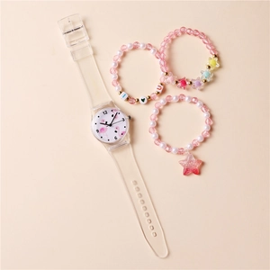 Set orologio al quarzo per bambini con fenicottero e braccialetti con perline e stelle