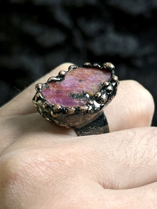 Adjustable natural pink raw gemstone ring with textured antique bronze finish for women