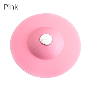 Pink silicone press-type sink stopper with metal button for kitchen and bathroom