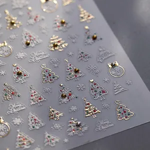 3D embossed Christmas nail art stickers with gold snowflakes and trees, model TL-274