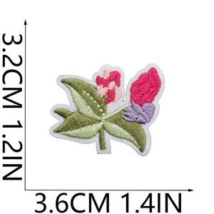 Detailed embroidery patch showing pink and purple flowers with green leaves and dimensions