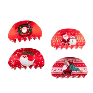 Set of four red Christmas hair claws with festive Santa Claus and snowman patterns