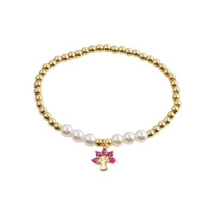 Bracelet en perles dorées avec perles blanches et pendentif arbre en pierre violette