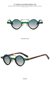 Detail of green punk sunglasses with leopard temples and gradient green tea lenses
